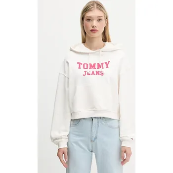 Dámská mikina Bavlněná mikina Tommy Jeans dámská, béžová barva, s kapucí, s aplikací, DW0DW21598 01X, vel. XS