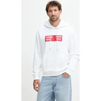 Pánská mikina Bavlněná mikina Calvin Klein Jeans pánská, bílá barva, s kapucí, s potiskem, LV04RD259G 00X, vel. M