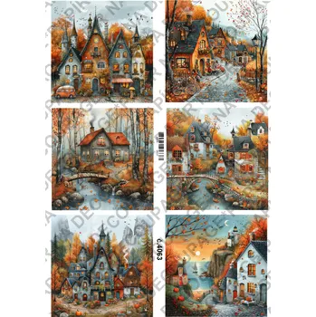 Umělecký papír Rýžový a soft papír na decoupage - Podzimní domečky - KB04063 Materiál: Soft, Rozměr: A4