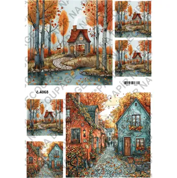 Umělecký papír Rýžový a soft papír na decoupage - Podzimní domečky - KB04068 Materiál: Soft, Rozměr: A4