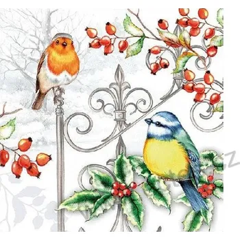 Papírový ubrousek Ambiente BIRDS & HOLLY papírový dekorační ubrousek na découpage ptáčci na zábradlí s cesmínou a šípky