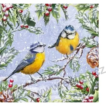 Papírový ubrousek Ambiente CHIRPING BIRDS papírový dekorační ubrousek na découpage sýkorky na zasněžené větvi