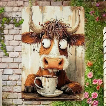 Plechová cedule BAF Plechová cedule Veselá káva s krávou 30 x 20cm