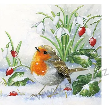 Papírový ubrousek Ambiente ROBIN papírový dekorační ubrousek na découpage ptáček u sněženek a šípků na sněhu