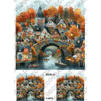 Umělecký papír Rýžový a soft papír na decoupage - Podzimní domečky - KB04073 Materiál: Soft, Rozměr: A4