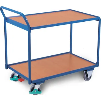 Stolní vozík DENIOS classic-line, 2 police s okrajem, ErgoStop, zahnuté madlo, 835x490 mm