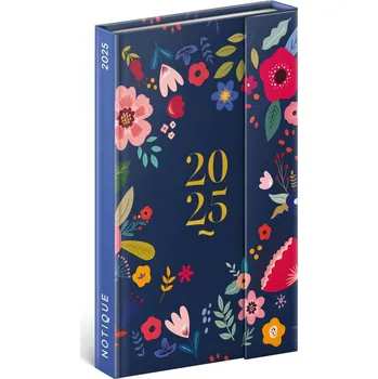 Diář Diář 2025: Modré květy - týdenní, magnetický, 13 × 21 cm
