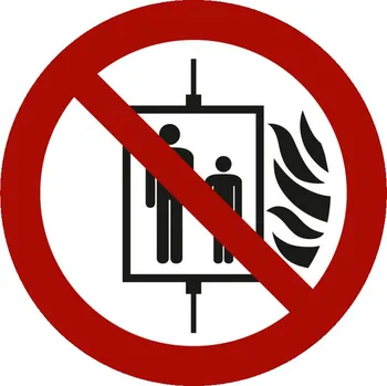 Zákazová značka Nepoužívat výtah v případě požáru, ISO 7010, samolepicí fólie, 200 mm, BJ = 10 ks