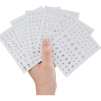 Umělé nehty 6 listů kovových stříbrných samolepek na nehty 3D hvězdy měsíce kříže srdce metalické obtisky dekorace manikúra nail art