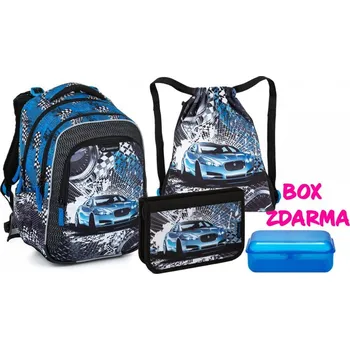 Set školních potřeb Malý školní set pro prvňáčky - modré auto LUMI 23 D (batoh + penál + sáček na TV + box na svačinu)