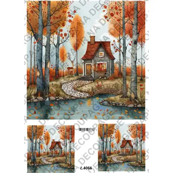 Umělecký papír Rýžový a soft papír na decoupage - Podzimní domečky - KB04066 Materiál: Soft, Rozměr: A4