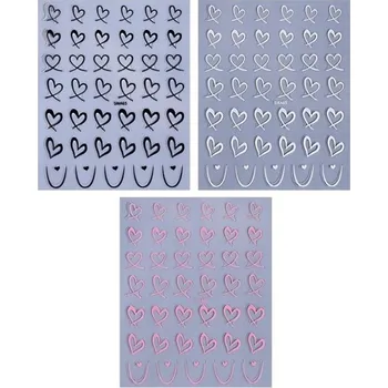 Umělé nehty 3 ks Valentýnské samolepky na nehty 3D černé bílé růžové srdce linky láska Nail Art DIY samolepicí slider dekorace manikúra obtisky