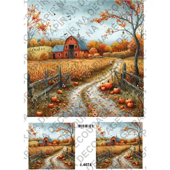 Umělecký papír Rýžový a soft papír na decoupage - Podzimní domečky - KB04074 Materiál: Soft, Rozměr: A4