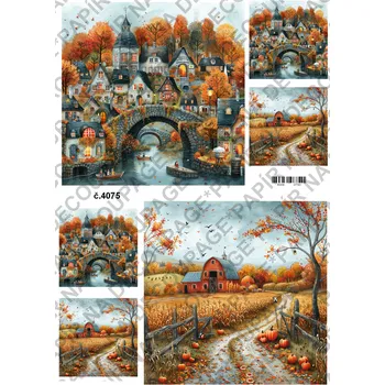 Umělecký papír Rýžový a soft papír na decoupage - Podzimní domečky - KB04075 Materiál: Soft, Rozměr: A4