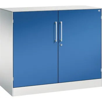 Jednací stůl Kancelářská skříň s křídlovými dveřmi C+P Asisto, sideboard, 1000 x 435 x 897 mm, sv. šedá/modrá