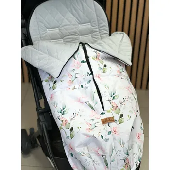 Podložka do sportovního kočárku s připínací dekou - jarní zahrada s prošívaným šedým velvetem