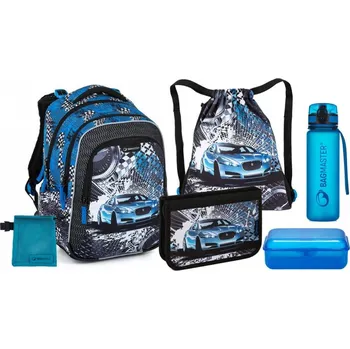 Set školních potřeb Velký školní set pro prvňáčky - modré auto LUMI 23 D (batoh + penál + sáček na TV + box na svačinu + lahev + sáček na drobnosti)