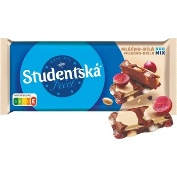 Čokoláda Orion Studentská pečeť Mléčno-Bílá čokoláda s arašídy, rozinkami a želé