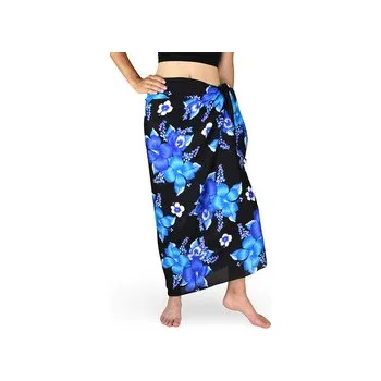 Šátek Sarong - Pareo REN, Hibis, černý, modrý květ, var. B