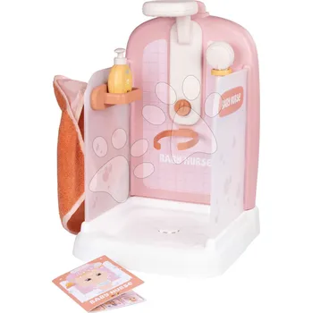 Doplněk pro panenku Koupelna s funkční sprchou pro panenky Shower Soft Baby Nurse Smoby s osuškou odnímatelnou sprchovou hlavicí a naučná brožurka