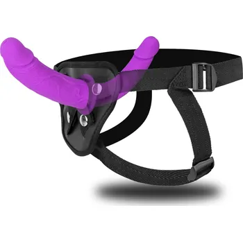 Připínací penis SuperLove Dual Dildo Strap-On Harness Purple-Black
