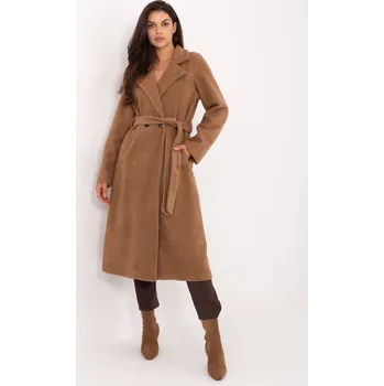 Dámský kabát Hnědý dámský dlouhý kabát s páskem IT-PL-96765.17P-camel Velikost: ONE SIZE
