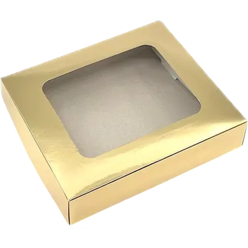 Dárková krabička Vánoční krabička zlatá s průhledným okénkem 1/4 kg cukroví 18x15x3,7 cm