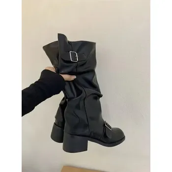 Dámské kozačky dámské punkové kozačky s přezkou Barva: Černá, Velikost: 36