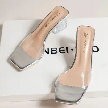 Dámské pantofle letní pantofle s vysokým podpatkem a PVC páskem Barva: Stříbrná, Velikost: 42