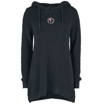 Dámský svetr Pletený svetr z Black Premium by EMP - Pletený pulovr s kapucí a šněrováním - Ženy - černá
