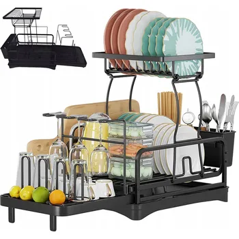 Odkapávač na nádobí ODKAPÁVAČ NA NÁDOBÍ DVOUÚROVŇOVÝ ODKAPÁVAČ NA TALÍŘE S PODNOSEM, ČERNÁ