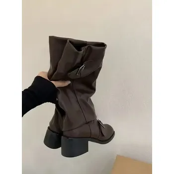 Dámské kozačky dámské punkové kozačky s přezkou Barva: Hnědá, Velikost: 36