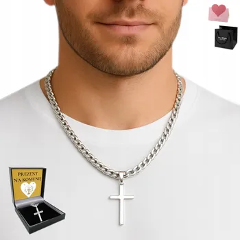 Řetízek SREBRNY ŁAŃCUSZEK Z KRZYŻYKIEM MĘSKI STŘÍBRNÝ ŘETÍZEK S KŘÍŽKEM PRO MUŽE, PLNÝ ŘETĚZ, DIAMANTOVĚ BROUŠENÝ KŘÍŽ