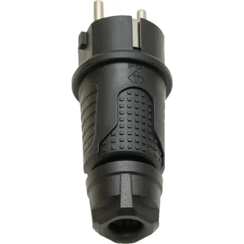 Elektrická zásuvka Černá gumová zástrčka IP54, 250v 16a na kabel, Uni-Schuko (dvojité uzemnění), 2P+E, REF, Bylion