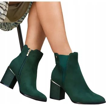 Dámská zimní obuv DÁMSKÉ ZELENÉ KOTNÍKOVÉ BOTY ELEGANTNÍ OZDOBNÝ PODPATEK SLOUPEK ŠPIČATÁ ŠPIČKA vel. 39