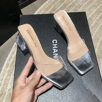 Dámské pantofle Průhledné sandály na vysokém podpatku s hrubou podrážkou Barva: Stříbrná, Velikost: 39