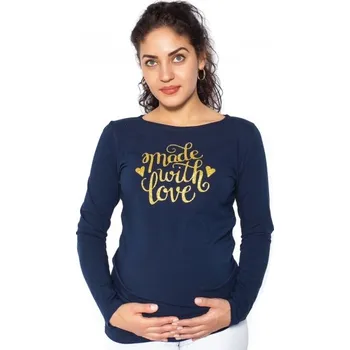 Těhotenské šaty Be MaaMaa Těhotenské triko dlouhý rukáv Made with Love - tm. modrá - XL, Velikosti těh. moda XL (42)