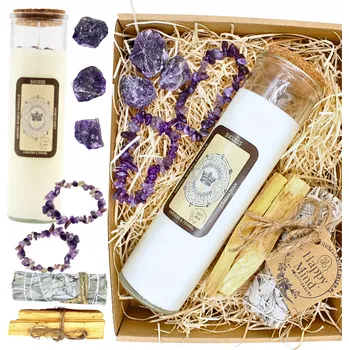 Svíčka Sada HAPPY MIND: Ametystová svíčka, Palo Santo, Bílá Šalvěj , Náramky