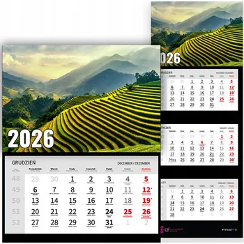 Kalendář Nástěnný Trojdílný Kalendář 2026 Kancelářský Příroda Rýžová Pole Vzory
