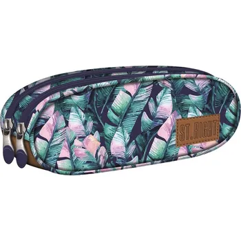 Penál penál oválný St.RIGHT - BLUE LEAVES, PU-02, dvoukomorový