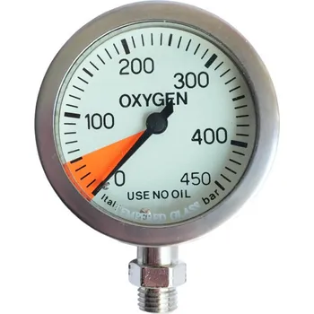 Manometr potápěčský JTLine 0-450 bar, 63 mm, O2, nerez, zadní pojistka