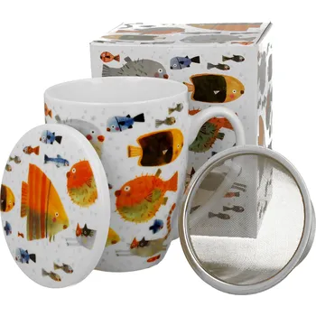 DUO porcelain DP - Porcelánový hrnek se sítkem a víčkem Ryby - 360 ml