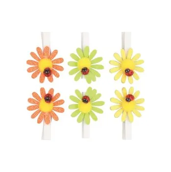 Vánoční dekorace Kytičky s glitry a beruškou na kolíčku 5 cm, 6 ks v sáčku