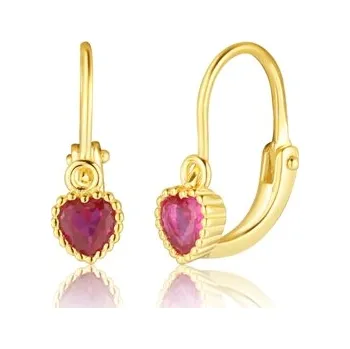 Šperk Dětské stříbrné zlacené náušnice srdíčka s rubínky SVLE3158XF6GR00