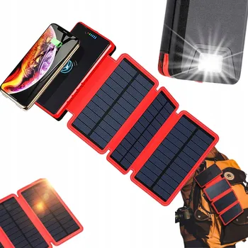 Powerbanka VÝKONNÁ POWERBANKA 20000mAh INDUKCE 3 SOLÁRNÍ PANELY SVÍTILNA KARABINA