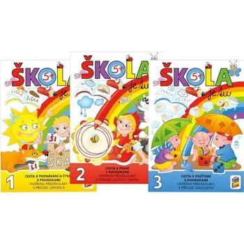 Předškolní výuka Škola je tu – Cesta k poznávání a čtení s pohádkami, Cesta k psaní s pohádkami, Cesta k počítání s pohádkami (sada tří barevných pracovních učebnic pro předškoláky s přílohami leporelo, loutky z papíru a samolepky)