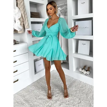 Dámské šaty Tyrkysové koktejlové vzdušné šaty ETHAN s vázáním Velikost: ONESIZE