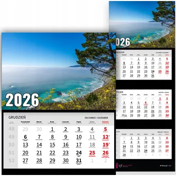 Kalendář Nástěnný Trojdílný Kalendář na Rok 2026 Kancelářský Příroda Moře Mix Vzorů