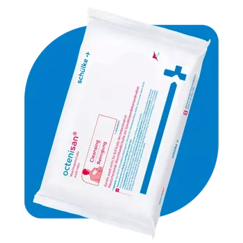 Pracovní rukavice schülke octenisan wash mitts 8 ks EXPIRACE 07/2026 (Mycí rukavice na čištění a péči o pokožku.)