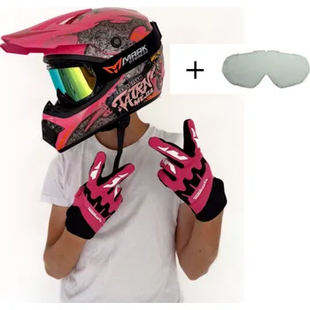 Helma na motorku MARKSTORE Akční set růžový - Cross helma + rukavice + brýle Brýle černé zlaté sklo + čiré sklo